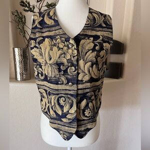 Blue And Gold  Brocade Leaf Pattern Women's M Vest Vintage EUC Stonebridge